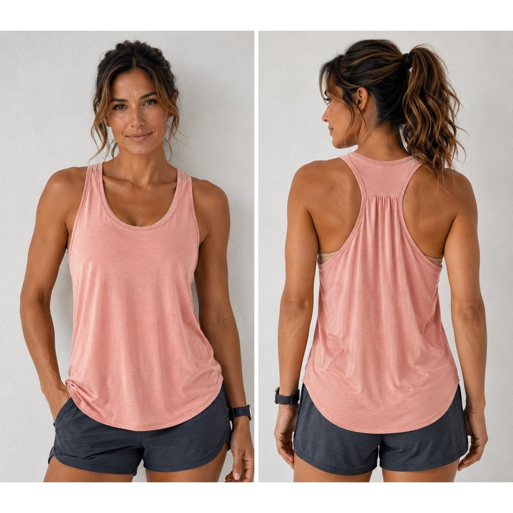 SheBird Size 7 Women's Pink Pleated Back Tank Top Built-in Bra Modal Blend Soft